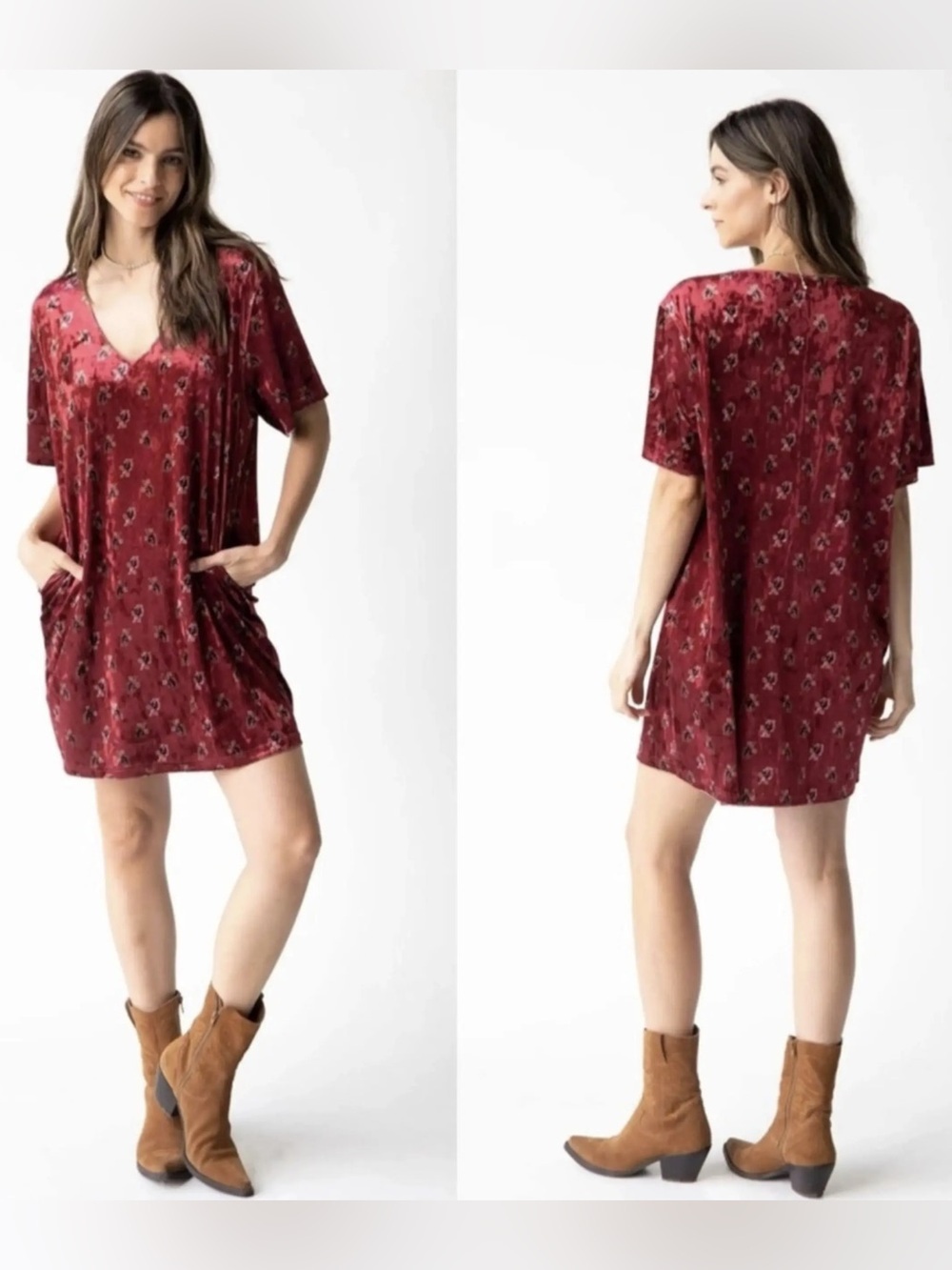 NATURAL LIFE Burgundy Floral V-Neck Velvet Mini Dress